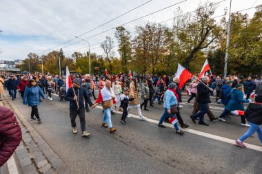 Wroclaw, Polonya - 11 Kasım 2023: 11 Kasım 'da Wroclaw şehir sokaklarında yürüyen güzel ve renkli Bağımsızlık Yürüyüşü