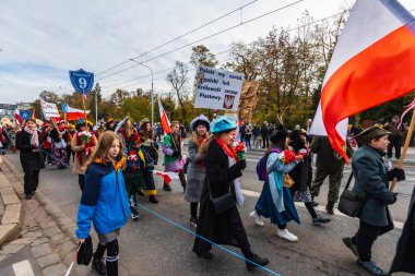 Wroclaw, Polonya - 11 Kasım 2023: 11 Kasım 'da Wroclaw şehir sokaklarında yürüyen güzel ve renkli Bağımsızlık Yürüyüşü