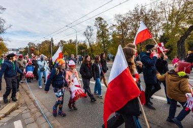 Wroclaw, Polonya - 11 Kasım 2023: 11 Kasım 'da Wroclaw şehir sokaklarında yürüyen güzel ve renkli Bağımsızlık Yürüyüşü