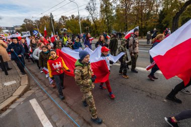 Wroclaw, Polonya - 11 Kasım 2023: 11 Kasım 'da Wroclaw şehir sokaklarında yürüyen güzel ve renkli Bağımsızlık Yürüyüşü