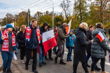 Wroclaw, Polonya - 11 Kasım 2023: 11 Kasım 'da Wroclaw şehir sokaklarında yürüyen güzel ve renkli Bağımsızlık Yürüyüşü