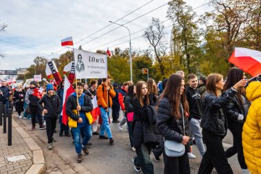 Wroclaw, Polonya - 11 Kasım 2023: 11 Kasım 'da Wroclaw şehir sokaklarında yürüyen güzel ve renkli Bağımsızlık Yürüyüşü