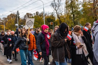 Wroclaw, Polonya - 11 Kasım 2023: 11 Kasım 'da Wroclaw şehir sokaklarında yürüyen güzel ve renkli Bağımsızlık Yürüyüşü