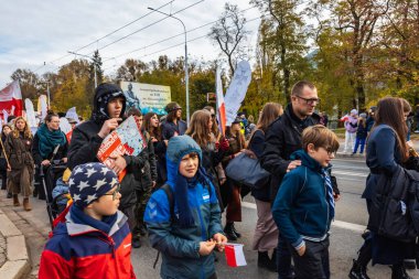 Wroclaw, Polonya - 11 Kasım 2023: 11 Kasım 'da Wroclaw şehir sokaklarında yürüyen güzel ve renkli Bağımsızlık Yürüyüşü