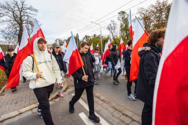 Wroclaw, Polonya - 11 Kasım 2023: 11 Kasım 'da Wroclaw şehir sokaklarında yürüyen güzel ve renkli Bağımsızlık Yürüyüşü