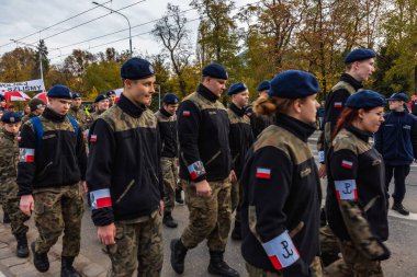 Wroclaw, Polonya - 11 Kasım 2023: 11 Kasım 'da Wroclaw şehir sokaklarında yürüyen güzel ve renkli Bağımsızlık Yürüyüşü