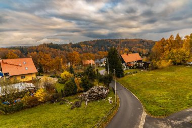 Karlowice, Polonya - 18 Kasım 2023: Bulutlu bir sonbahar günü etrafında güz ağaçları ve çalılarla küçük köy sokaklarına ve yeşil tarlalara güzel manzara