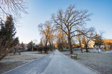 Sobotka, Polonya - 29 Ocak 2024: Sobotka şehrinin güzel sabah manzarası güneş doğduktan sonra soğuk ile kaplandı ve dağ kitlesinin izine doğru uzun bir yol izledi 