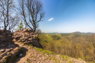 Walbrzych dağlarının güzel yeşil manzarası. Mavi gökyüzü Rogowiec dağının tepesinden görünüyor. Deniz seviyesinden 870 metre yukarıda. 