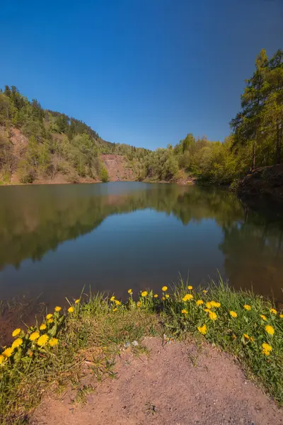 Huzurlu bir orman olan Kamyki Gölü, açık mavi gökyüzünün altındaki canlı yeşil yeşillikleri yansıtarak sakin ve sakin bir atmosfer yaratıyor.