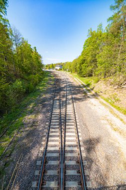 Jedlina-Zdroj, Polonya - 30 Nisan 2024: Tarihi Jedlina-Zdroj tren istasyonu yeşil ağaçların ve kayan tepelerin manzarasının ortasında duruyor