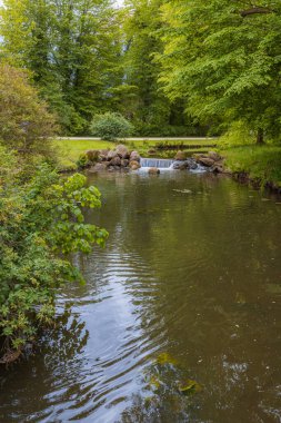 Serene Forest Gölü 'ndeki küçük şelale. Çevresi yemyeşil.