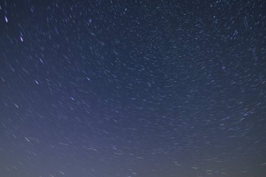 Karanlık gece gökyüzünde güzel yıldız izleri bazı tarlalar ve yüksek ağaçların siluetleri üzerinde Samanyolu ile hareket eden bulutlar ve uçan Perseidler