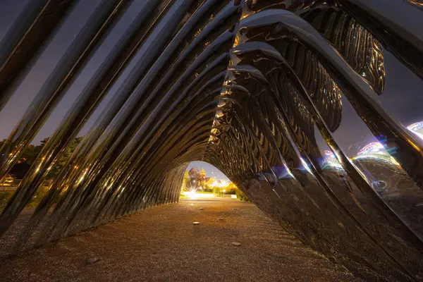 Wroclaw, Polonya - 24 Ağustos 2024: Wroclaw 'daki Daliowa Adası' nda gece aydınlatılmış Nawa heykeli, yıldızlı bir gökyüzü altında şehir ışıklarını yansıtan modern bir sanat kurulumu