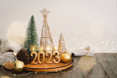 Mutlu yıllar 2023. Noel arkaplanı köknar ağacı, koni ve Noel süslemeleri. Noel bayramı kutlaması. Yeni yıl konsepti.