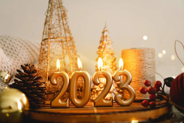 Feliz Ano Novo 2023 Fundo Natal Com Abeto Cones Decorações — Fotografia de Stock