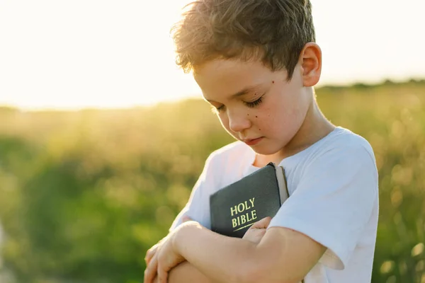 Chico Cristiano Tiene Biblia Sus Manos Leyendo Santa Biblia Campo —  Fotos de Stock
