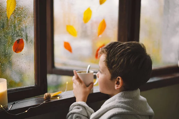 A cute boy wrapped in a blanket drink hot tea and looks out the open window at the wonderful autumn nature. Autumn home decor. Cozy fall mood. Thanksgiving. Halloween.