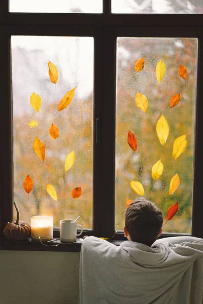 Cute Boy Wrapped Blanket Looks Out Open Window Wonderful Autumn — Stock Photo, Image