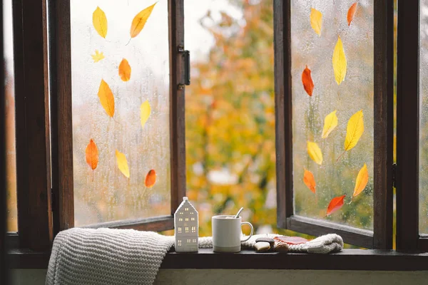 Güzel Evim Evdeki Ahşap Penceredeki Hayat Ayrıntıları Süveter Sıcak Çay — Stok fotoğraf