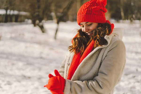 Seorang Wanita Cantik Dengan Pakaian Musim Dingin Menikmati Musim Dingin — Stok Foto