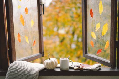 Güzel evim. Evdeki ahşap penceredeki hayat ayrıntıları. Süveter, sıcak çay ve sonbahar dekoru. Sonbahar evi dekorasyonu. Samimi düşüş havası. Şükran Günü. Cadılar Bayramı. Sıcak sonbahar ya da kış konsepti.