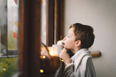 Battaniyeye sarılmış, sıcak çay içen ve sonbahar doğasına açık pencereden bakan sevimli bir çocuk. Sonbahar evi dekorasyonu. Samimi düşüş havası. Şükran Günü. Cadılar Bayramı.