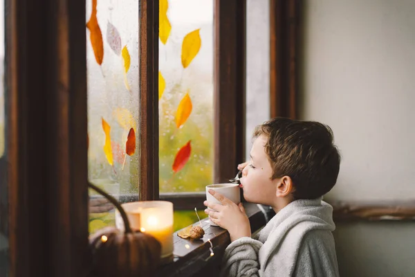A cute boy wrapped in a blanket drink hot tea and looks out the open window at the wonderful autumn nature. Autumn home decor. Cozy fall mood. Thanksgiving. Halloween.