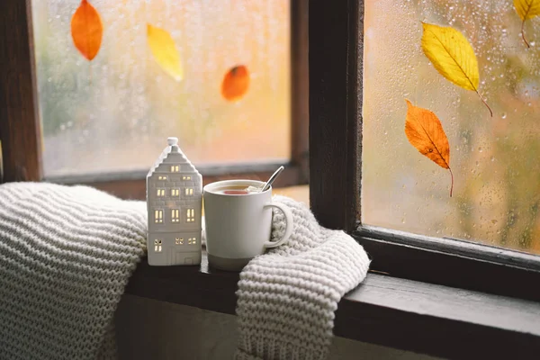 Sweet Home Masih Hidup Rincian Rumah Pada Jendela Kayu Sweater — Stok Foto