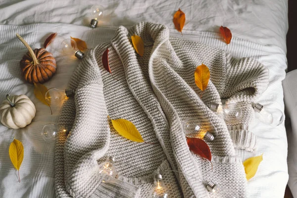 Hintergrund Sind Warme Pullover Gestrickte Kleidung Mit Herbstblättern Warmem Hintergrund — Stockfoto