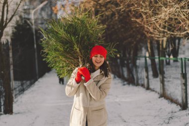 Kırmızı şapkalı güzel bir kız Noel ağacı taşıyor. Minimum moda festivali Noel ve Yeni Yıl kutlamaları konsepti.