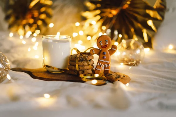 Biscoitos Natal Leite Quente Vidro Férias Inverno Santa Pequeno Almoço — Fotografia de Stock