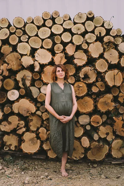 Beautiful Pregnant Woman Felled Trees Happily Expecting Baby Happy Time — Stock Photo, Image