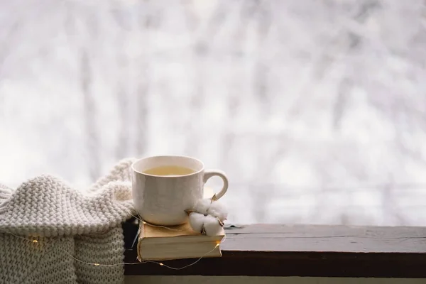 Cozy Winter Still Life Cup Hot Tea Open Book Warm — Stock Photo, Image