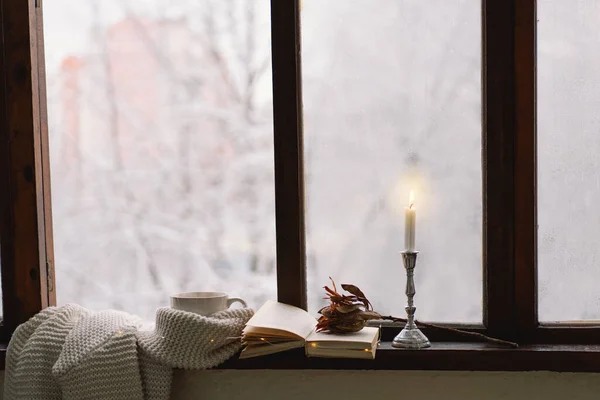 Nyaman Musim Dingin Masih Hidup Secangkir Teh Panas Dan Buku — Stok Foto