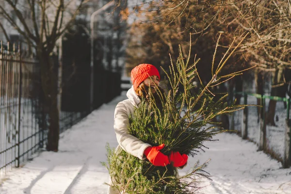 stock image A beautiful girl in a red hat carries a Christmas tree. Minimal fashion festive Christmas and New Year celebration concept.