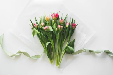 Bouquet of pink fresh tulips. Beautiful Card for Mothers Day or Womens Day.