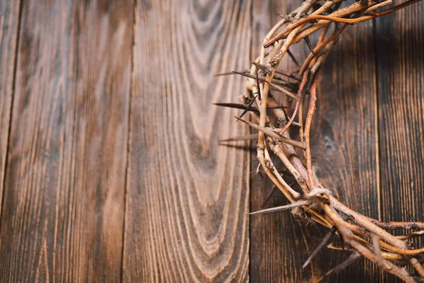 Jesus Crown Thorns Nagels Kruis Een Houten Achtergrond Kruisiging Van — Stockfoto