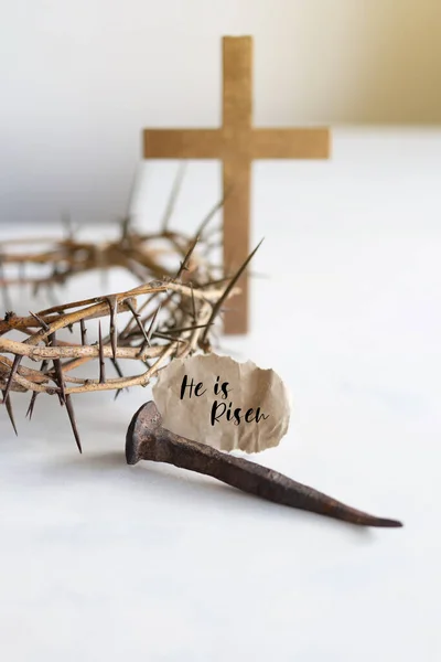 Risen Jesus Crown Trny Nehty Kříž Bílém Pozadí Ukřižování Ježíše — Stock fotografie