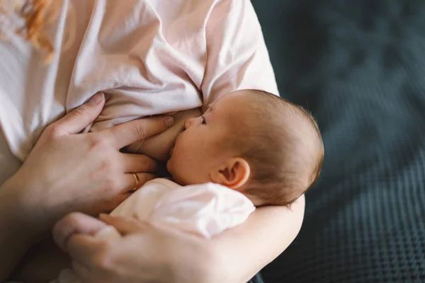 Newborn Baby Girl Sucking Milk Mothers Breast Portrait Mom Breastfeeding — 图库照片