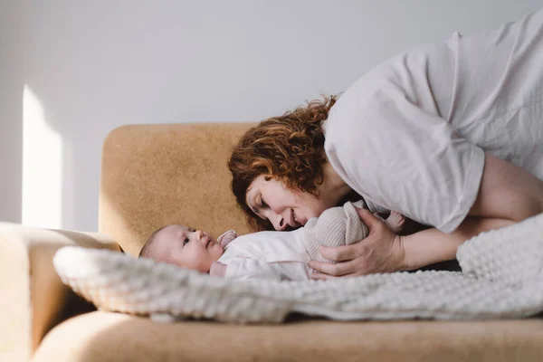 Portrait Happy Mum Holding Infant Child Hands Loving Mom Carying — Foto de Stock