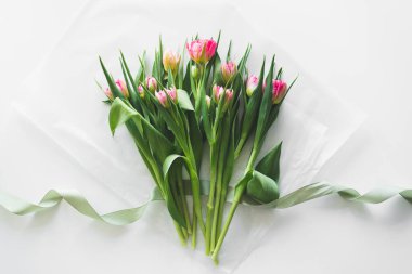 Bouquet of pink fresh tulips. Beautiful Card for Mothers Day or Womens Day.