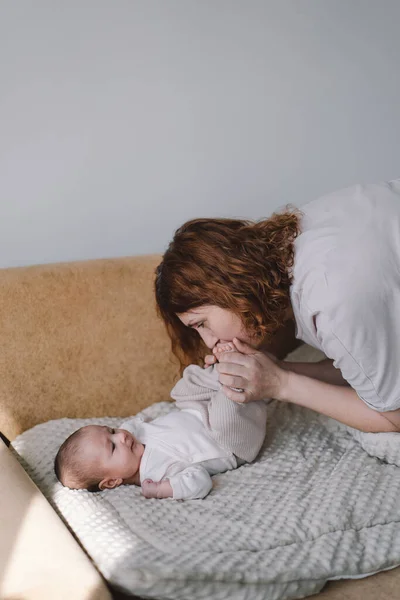Portrait Happy Mum Holding Infant Child Hands Loving Mom Carying — Stok Foto