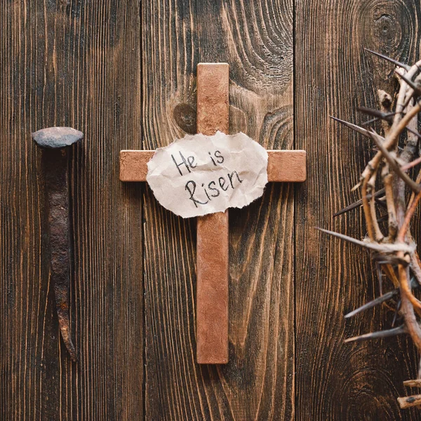 Risen Jesus Crown Thorns Nails Cross Wood Background Crucifixion Jesus — Stock Photo, Image