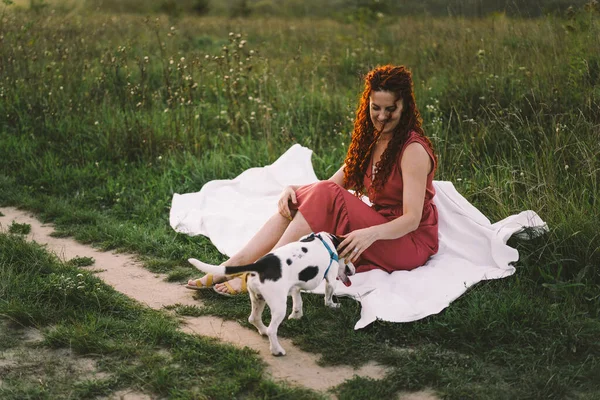 stock image Beautiful woman plays with her Jack Russell dog in the park. The concept of animals, friendship, people and love. a woman lies on the grass and plays with a jack russell terrier