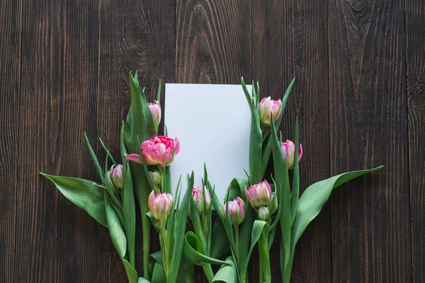 Stylish Greeting Card Fresh Tulips Flat Lay Wood Background Floral — Fotografia de Stock