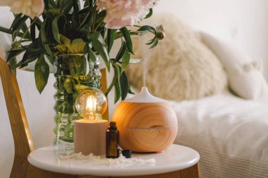 Aromaterapi Konsepti. Yatak odasında Aroma yağı difüzörüne karşı sandalye. Oda spreyi. Ev için ultrasonik aroma ayırıcı
