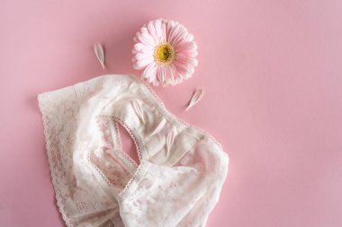 Beyaz iç çamaşırı ve pembe Gerbera çiçekleri. Moda elbisesi, iç çamaşırı. Kadın iç çamaşırı.
