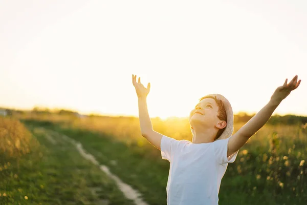 Portrait Smiling Little Boy White Shirt Raising His Hands Playing — Stock Photo, Image
