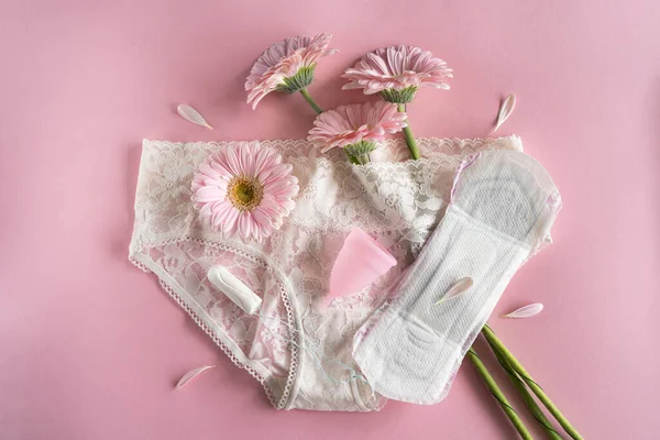 Menstruációs Időszak Koncepció Higiénikus Fehér Női Párna Menstruációs Csésze Tampon — Stock Fotó